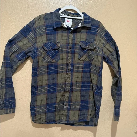 Men’s Cotton Levi's Olive and Navy Plaid Shirt size M - Picture 2 of 5